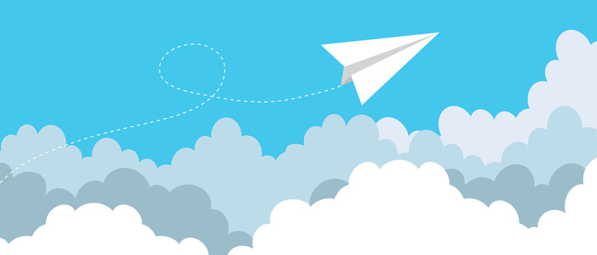 Paper plane flying between clouds. Modern
