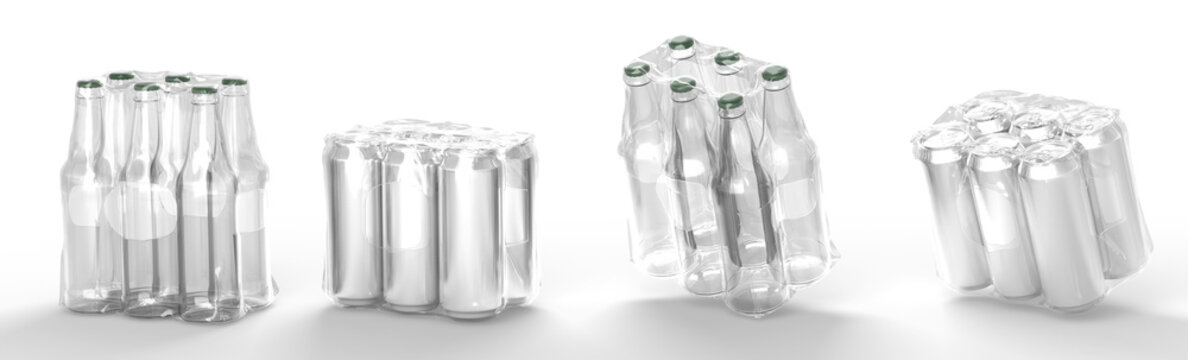 Tin cans and clear bottles in plastic wrap angle view, six soda or beer metal jars, mockup blank glass in transparent pack for storage and delivery alcohol drinks on white background