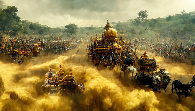 AI generated image depicting the war between the Pandavas and Kauravas, as mentioned in the Hindu epic Mahabharat. The war took place at Kurukshetra, India