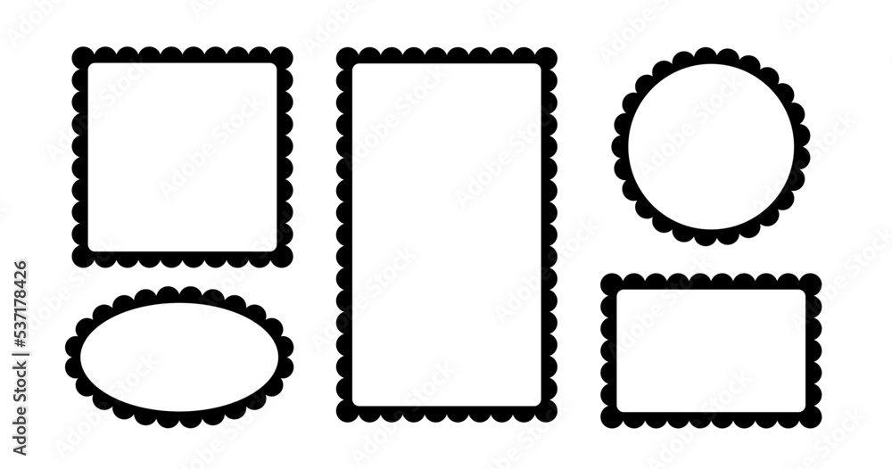 Poster circle and square scalloped frames. scalloped edge rectangle and ellipse shapes. simple label and st