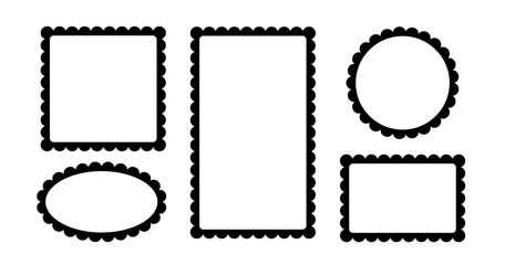 Circle and square scalloped frames. Scalloped edge rectangle and ellipse shapes. Simple label and sticker form. Flower silhouette lace frame. Vector illustration isolated on white background.