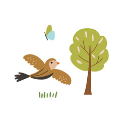 Vector illustration of a cute flying bird isolated on white background for your design