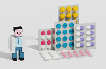Obraz premium Doctor points to pills. 3D rendered cartoon low poly illustration