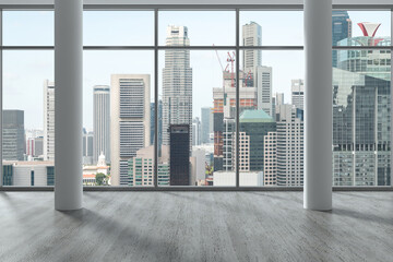 Empty room Interior Skyscrapers View. Downtown Singapore City Skyline Buildings from High Rise Window. Beautiful Expensive Real Estate overlooking. Day time. 3d rendering.