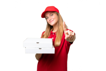 Young caucasian pizza delivery woman with work uniform picking up pizza boxes over isolated background showing and lifting a finger