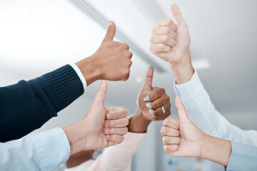 Hands, thumbs up and business people hand agreement closeup in support of trust, thank you and a...