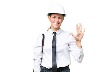 Young architect caucasian woman with helmet and holding blueprints over isolated background counting five with fingers