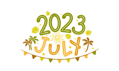 July 2023 logo with hand-drawn palms, jungle leaves and garland. Months emblem for the design of calendars, seasons postcards, diaries. Doodle Vector illustration isolated on white background.