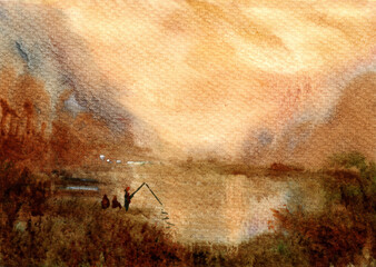 fisherman in the lake watercolor painting - 537179623