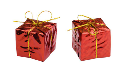 Set of gift boxes wrapped in red paper isolated