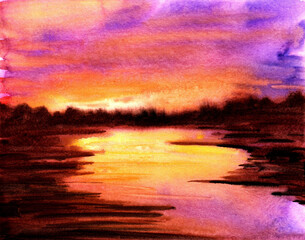 watercolor illustration sunrise or sunset original handmade painting created on handmade white paper - 537179644