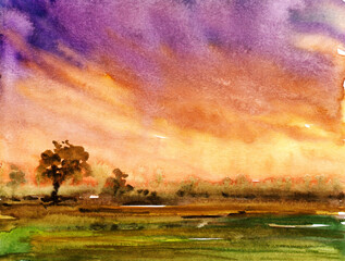 watercolor illustration sunrise or sunset original handmade painting created on handmade white paper - 537179679