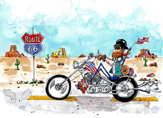 A hand drawn sketch cartoon of a biker and chopper on route 66 