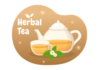 Herbal Tea with Chamomile Leaves of Health Drink Green to Increase Endurance in Template Hand Drawn Cartoon Flat Background Illustration