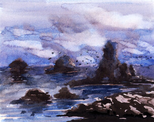A watercolor painting of a rocky coastline with choppy waves in the foreground. In the distance, the sky and water meet in a hazy blue line