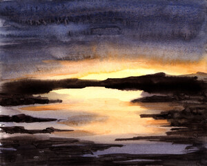 watercolor illustration sunrise or sunset original handmade painting created on handmade white paper - 537179867