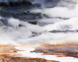 watercolor painting of a winding river with rolling green hills on either bank. The sky is cloudy with shades of blue and gray.