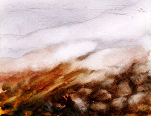 Watercolor close-up of a cloudy sky. Loose brushstrokes, light blues and grays peek through fluffy white clouds