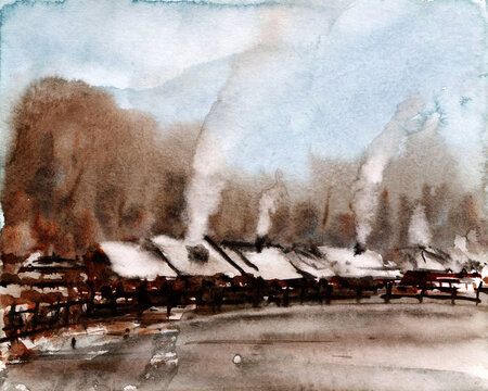 watercolor painting of a row of small, colorful houses nestled in a snowy landscape. Smoke curls from chimneys, suggesting cozy fires burning inside.