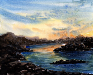 watercolor illustration sunrise or sunset original handmade painting created on handmade white paper - 537180019