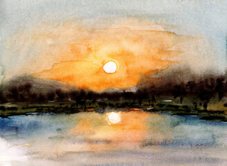 watercolor illustration sunrise or sunset original handmade painting created on handmade white paper - 537180038