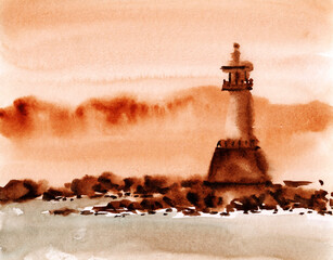 Lighthouse watercolor painting - original handmade artwork created on watercolor paper, this beautiful art will look amazing on the wall and a perfect item to gift - 537180039