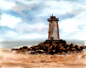 Obraz premium watercolor painting of a lighthouse on a rocky beach. The lighthouse is tall and white, with a red roof. It has black windows and a black lantern room at the top. There are waves crashing on the rocks