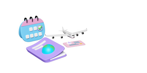 Obraz premium 3d passport or international travel for tourism, calendar for marked date business with airplane, ID card, check marks isolated. 3d render illustration