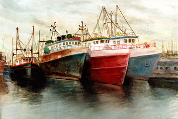 boats in the harbor watercolor painting - 537180098