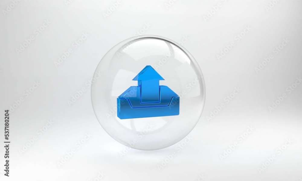 Poster blue upload inbox icon isolated on grey background. glass circle button. 3d render illustration