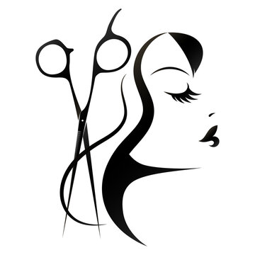 Girl with curls of hair and scissors of a hair stylist. Symbol for beauty salon and hairstyles