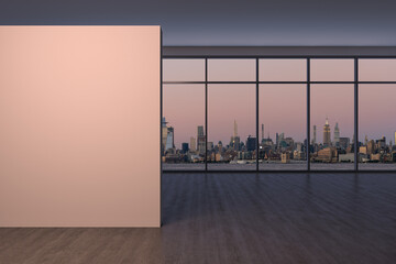 Midtown New York City Manhattan Skyline Buildings from High Rise Window. Expensive Real Estate. Empty room Interior with Mockup wall. Skyscrapers View Cityscape. Sunset. West side. 3d rendering. © VideoFlow
