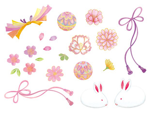 水彩で描いたウサギと和柄のお花の素材セット
