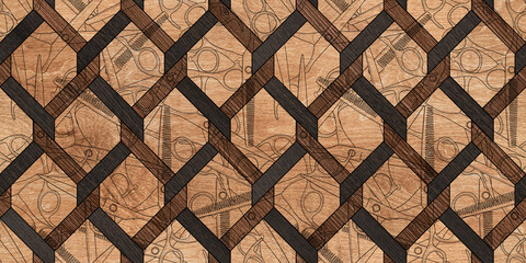 Seamless  barber tools pattern illustration wood textured  background design.	 