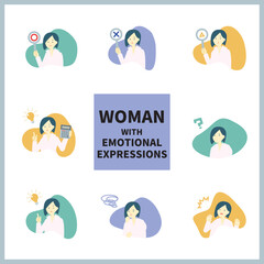 Obraz premium マルバツ札や様々な感情表現をする女性