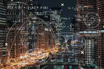 Illuminated aerial city panorama of Chicago Riverwalk downtown area, Boardwalk with bridges, night time, Illinois, USA. Education concept. Academic research, top ranking universities, hologram
