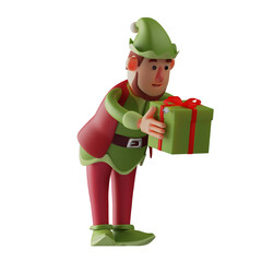   3D illustration. Elf 3D cartoon character giving out special gifts to celebrate Christmas. slightly bent body pose. with a polite facial expression. 3D Cartoon Character