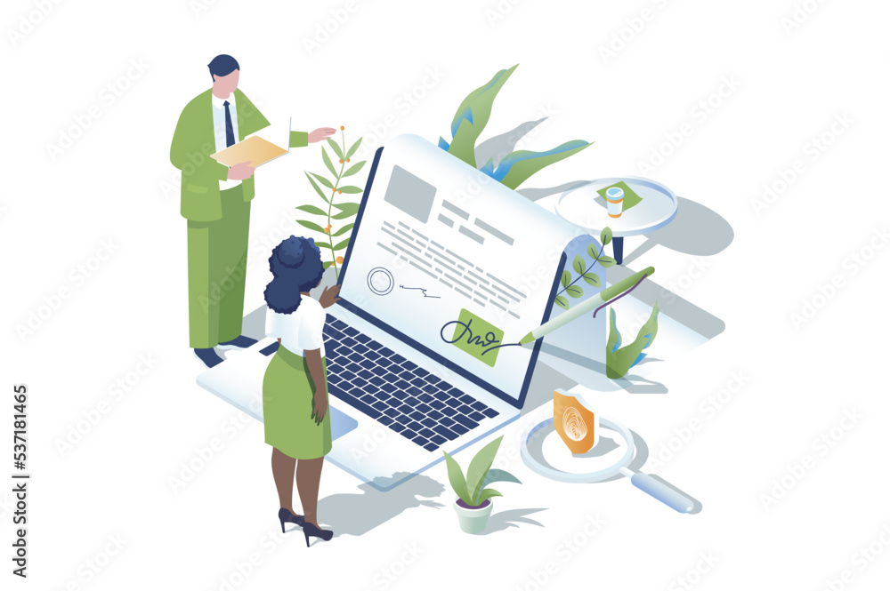 Poster electronic contract web concept in 3d isometric design. people make business deals and sign virtual 