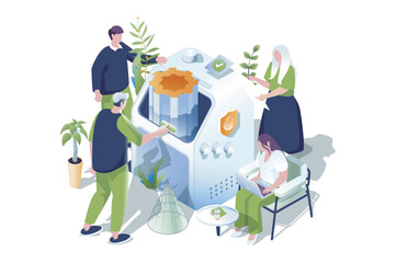 Developers team web concept in 3d isometric design. People developing software, working together at projects, fixing bugs and optimization for devices, teamwork communication. Vector web illustration.