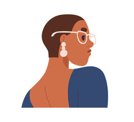 Young woman face profile. Modern fashion beautiful girl portrait, wearing glasses eyewear, earrings and short hair. Elegant female character. Flat vector illustration isolated on white background