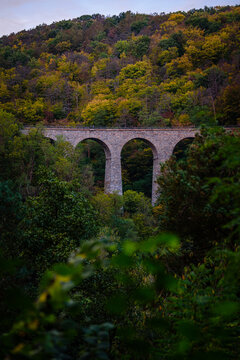 A train viaduct in Žampach in central Bohemia in Czechia during Autumn.
