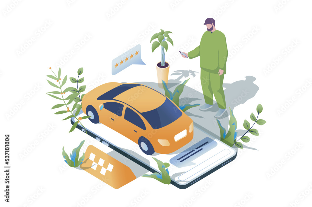 Poster taxi booking web concept in 3d isometric design. people using taxi application for online rental car