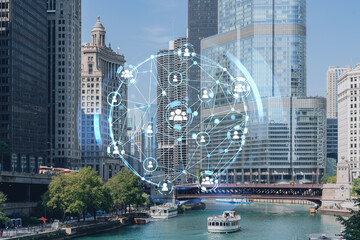 Panorama cityscape of Chicago downtown and Riverwalk, boardwalk with bridges at day time, Illinois, USA. Social media hologram. Concept of networking and establishing new people connections