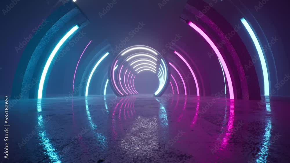 Poster sci-fi neon glowing lamps in a dark corridor. reflections on the floor and walls. empty background i