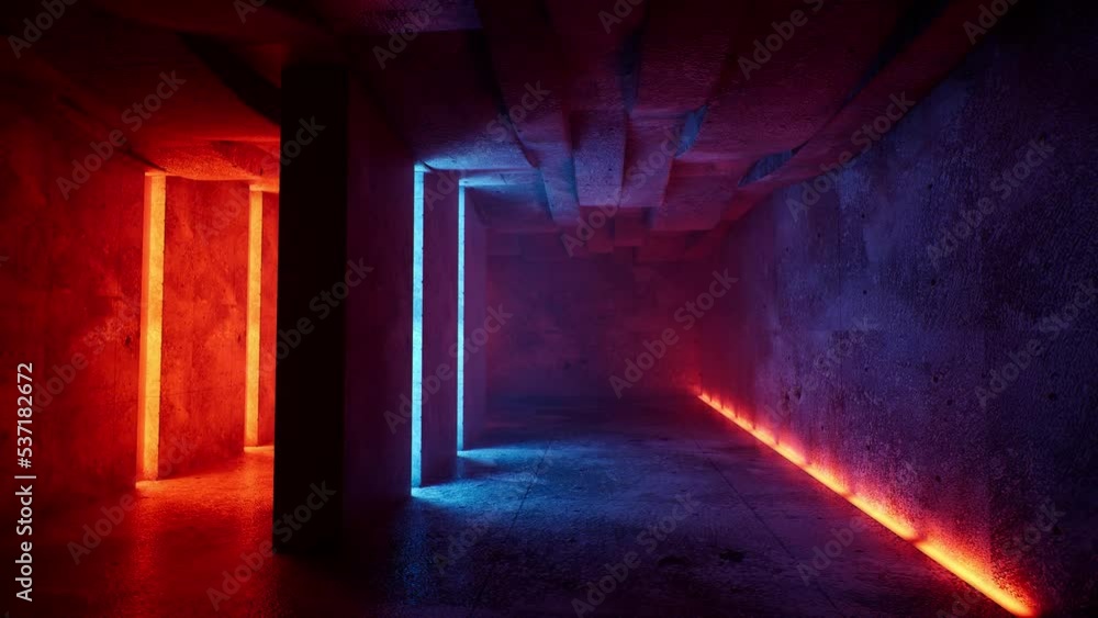 Poster elegant sci fi minimalistic futuristic dark grunge concrete room with orange blue glowing neon tube 