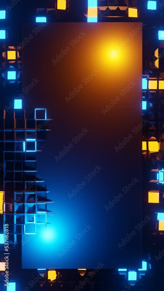 Aufkleber Vertical 3D rendered loop video with copy space template. Moving cubes wallpaper under rectangular space for texts.  Empty rectangle with abstract waves. 3D rendering