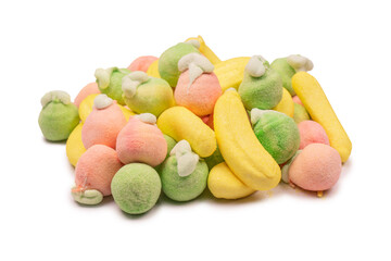 Mix of jelly colorful candys and marshmallows isolated on  white background.