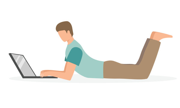 European man lying down and work with laptop isolated on white background. Freelance, work from home. Vector illustration.