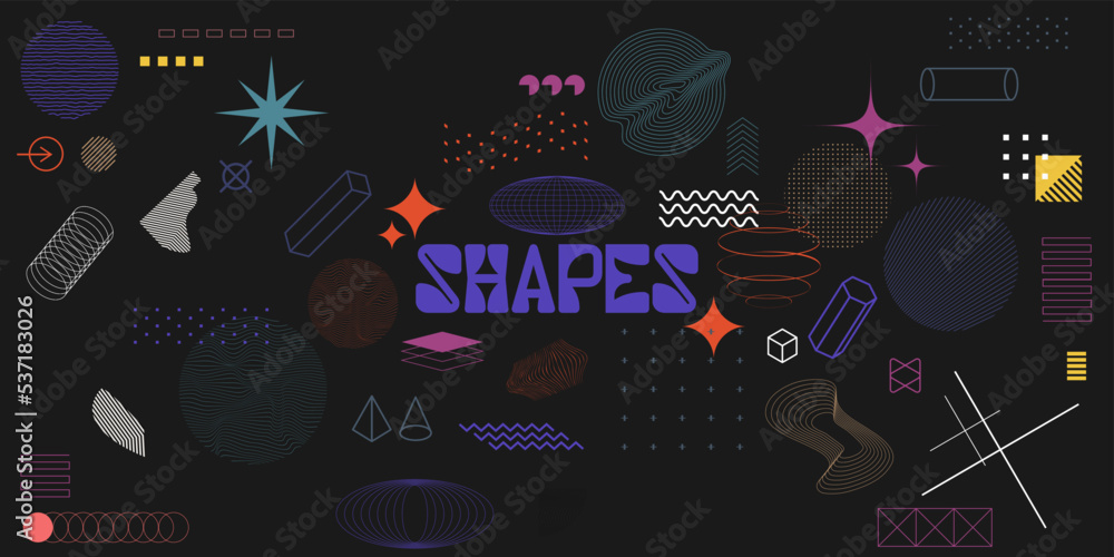 Poster Universal geometric shapes in minimal style, memphis shapes, brutralism, geometric figures and other in vector set. Vaporwave style shapes and elements. Memphis vector collection. Modern elements	
