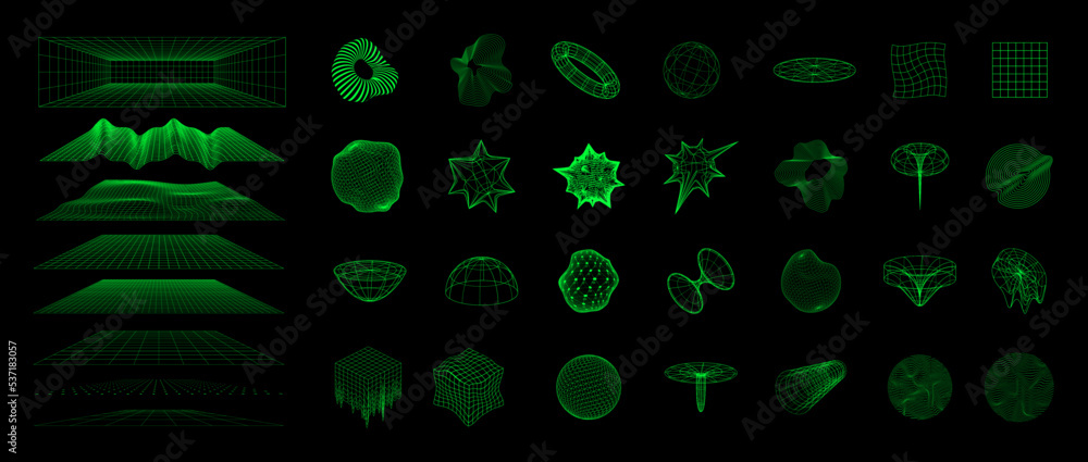 Aufkleber 3D Retro futuristic figures, shapes, spheres and abstract elements. Set Cyberpunk shapes with liquid and glitch effect. Vaporwave style from 80s-90s. Cyberpunk glitch graphic set. Vector elements set	